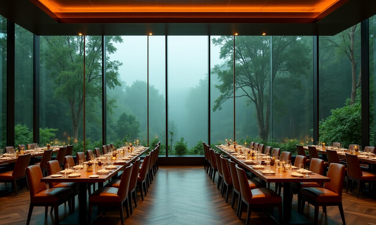 Interno lussuoso del ristorante Il Bosco con vetrate sulla foresta